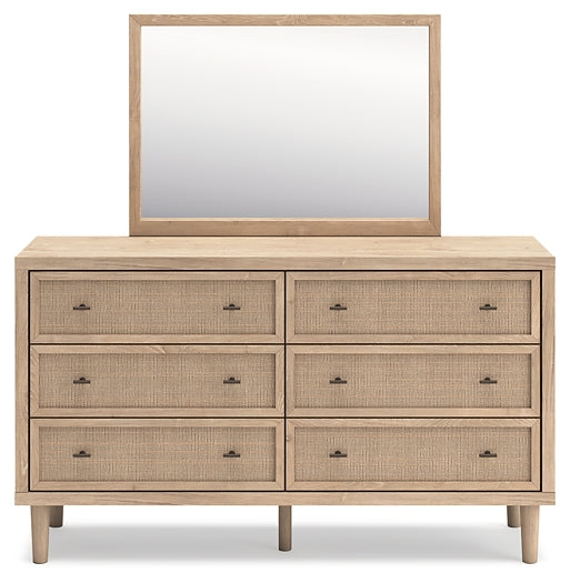 Cielden Full Upholstered Panel Bed with Mirrored Dresser, Chest and 2 Nightstands